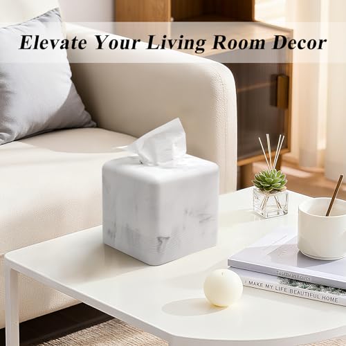 Resin Tissue Box Cover, Modern Square Holder,White | White resin tissue box cover with modern square design and silicone feet for bathroom vanity, office desk, and living room - color: White