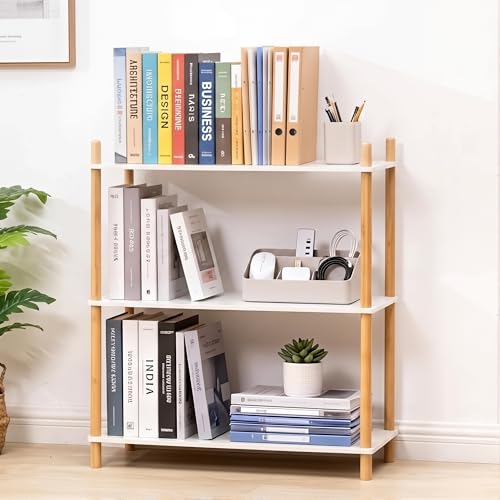 3-Tier Expandable Freestanding Open Bamboo Book Shelf - No-Tool Assembly & Modular,Bathroom Storage Shelf Unit Plant Stand for Small Space, Bedroom, Living Room, Home Office (White, 3-Tier) - color: White 3-tier-1