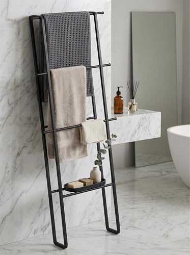 CANYAVE Metal Leaning Ladder Towel Rack, 4-Tier Blanket Stand for Bathroom Living Room, No Drilling Quilt Storage Organizer (Matte Black) - color: Matte Black