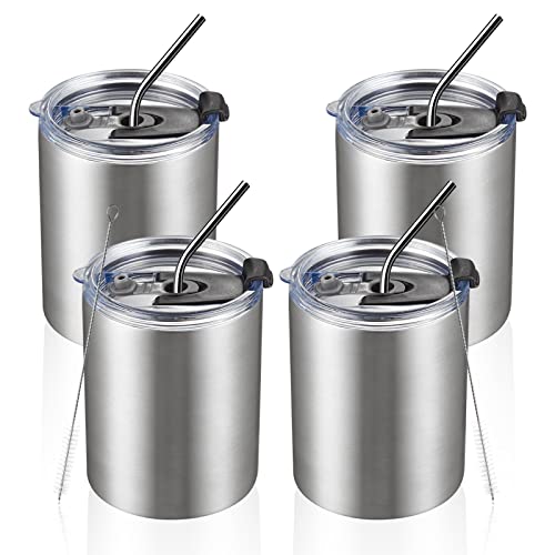 MEWAY 12 oz Lowball, Tumbler Stainless Steel Double Wall Vacuum Insulated Mug with Straw and Lid, Cleaning Brush ，Durable Powder Coated Insulated Coffee Cup for Cold & Hot Drinks (Silver,4 pack) - color: Silver