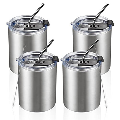 MEWAY 12 oz Lowball, Tumbler Stainless Steel Double Wall Vacuum Insulated Mug with Straw and Lid, Cleaning Brush ，Durable Powder Coated Insulated Coffee Cup for Cold & Hot Drinks (Silver,4 pack) - color: Silver