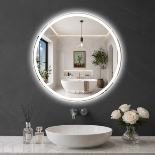 Round LED Bathroom Mirror, 30 Inch, HD Shatterproof Tempered Glass | Lighted Bathroom Mirror with Dimmable Lights Bathroom Mirror with Lights for Wall, 3 Color Temperatures - size: 30"L x 30"W