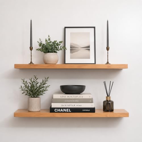 Floating Wall Shelves, Solid Natural Wood, Large and Small-Kitchen and Bathroom Shelf, Heavy Duty, Made in USA Set of 2 (Aged Oak, 48Wx6D) - color: Aged Oak, size: 48Wx6D