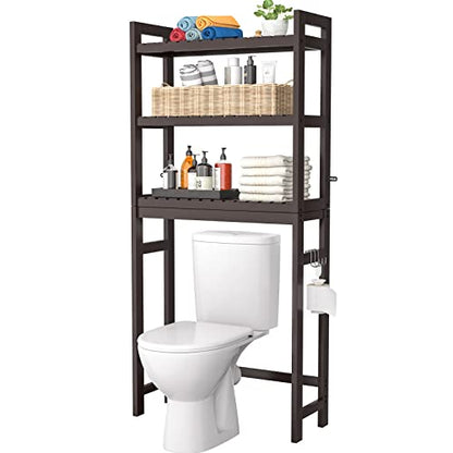 Over The Toilet Storage, Bamboo 3-Tier Over-The-Toilet Space Saver Organizer Rack, Stable Freestanding Above Toilet Stand with 3 Hooks for Bathroom, Restroom, Laundry, Espresso - color: Espresso