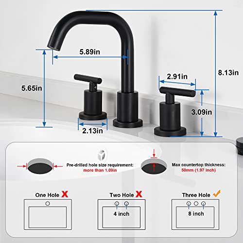 Black Bathroom Faucet 3 Holes - Two Handles Widespread 8 inch Bathroom Sink Faucet 3 Pieces Basin Faucets 360 Degree Swivel Spout Vanity Sink Faucet with Drain & Supply Hoses - color: Matte Black