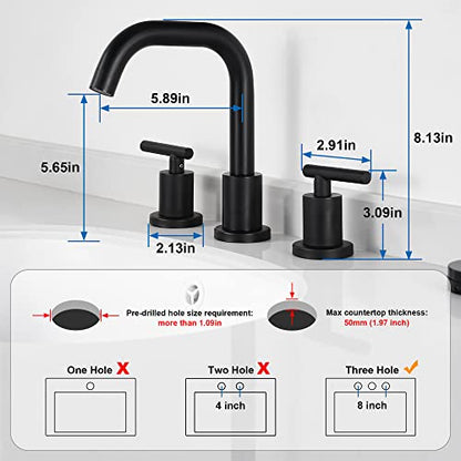Black Bathroom Faucet 3 Holes - Two Handles Widespread 8 inch Bathroom Sink Faucet 3 Pieces Basin Faucets 360 Degree Swivel Spout Vanity Sink Faucet with Drain & Supply Hoses - color: Matte Black