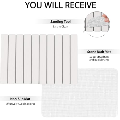 Foldable Stone Bath Mat 60x39cm | Quick-Dry Diatomaceous Earth Bath Rug with PVC Anti-Slip Base | Bathroom, Kitchen, Pet-Friendly Water Absorbent Mat - color: White