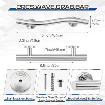 2 Pack Wave Grab Bar Decorative 16 Inch Stylish Stainless Steel Brushed Finish Safety Shower Bar Wall Mounted for Bathroom Bathtubs Toilet Steps Bed Seniors Elderly Handicap Pregnant Women - size: 16 Inch