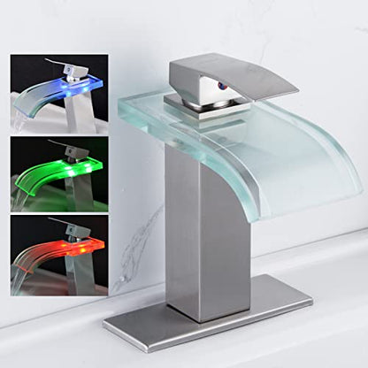 LED Bathroom Faucet, Brushed Nickel Waterfall Bathroom Sink Faucet, 1 Hole, 4 Inch Centerset, Color-Changing LED Lights - color: Brushed Nickel