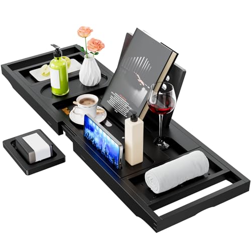 Bamboo Bathtub Tray Caddy,Premium Bathtub Tray Caddy, Expandable Bath Tray,Gifts for Women,Black - color: Black
