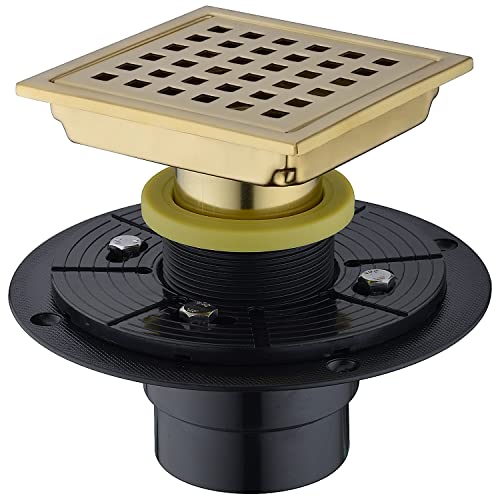 TRUSTMI Shower Drain with Base Flange 4 Inch Square Floor Drain with Flat or Tile Insert Grid Patten Grate Cover of SUS 304 Stainless Steel, Threaded Adapter Adjustable Drain Strainer, Brushed Gold