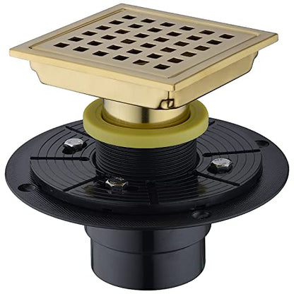 TRUSTMI Shower Drain with Base Flange 4 Inch Square Floor Drain with Flat or Tile Insert Grid Patten Grate Cover of SUS 304 Stainless Steel, Threaded Adapter Adjustable Drain Strainer, Brushed Gold