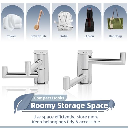 Aomasi Polished Chrome Swivel Towel Hooks 2 Pack, 304 Stainless Steel Wall Mounted Foldable Double Coat Hooks, Max 11lbs Heavy Duty Bathroom Hand Towel Holders - color: Polished Chrome, size: 2 Pack