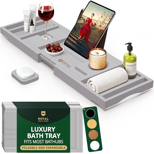 ROYAL CRAFT WOOD Premium Foldable Bathtub Tray Caddy - Wood Bath Tray for Tub, Bamboo Shelf, Expandable Bath Table Trays, Bathtub & Bathroom Accessories for New Home & Mothers, Birthday Gifts for Mom - color: Gray