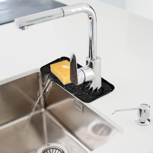 Dimeho Sink Faucet Splash Guard Mat Silicone Soap Dish Pad Faucet Handle Drip Catch Sponge Holder Sink Protector Trays for Bathroom Kitchen Countertop Gadgets Accessories 8.3 x 5.7 Inch(Black) - color: Black