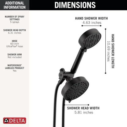 Delta Round 2-in-1 Dual Shower Head with 4-Setting HandHeld Spray, Matte Black Detachable Double Shower Head with Hose, Showerhead, 1.75 GPM Flow Rate, Matte Black 75756BL - color: Matte Black