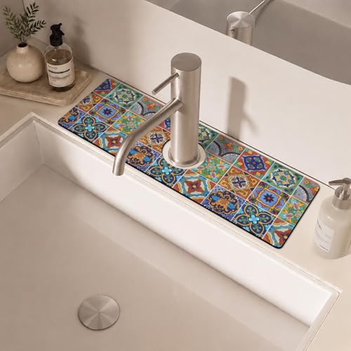 Mexican Ceramic Tile Kitchen Sink Splash Guard Faucet Mat,Faucet Non-slip Absorbent Mat,Farmhouse Sink Splash Guard Behind Faucet for Kitchen Bathroom, 15"x5.5" - color: Drying Faucet Mat 5