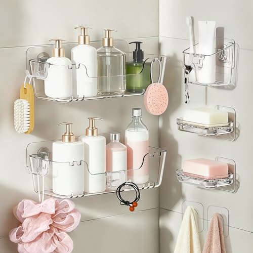 CGBE 5-Pack Adhesive Shower Caddy Set, No-Drill Bathroom Shelves | Rustproof Clear PET Wall Shelf with Open-Bottom Drainage, Hooks & Extra Adhesive Pads for Tile, Glass and Metal Surfaces