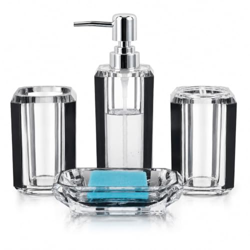 LGURT 4pc Crystal Acrylic Bathroom Set, Brushed Black Soap Dispenser | Soap dish, rinse cup & holder, with brushed black accent. For apartment, guest bath, or vanity countertop. - color: Black