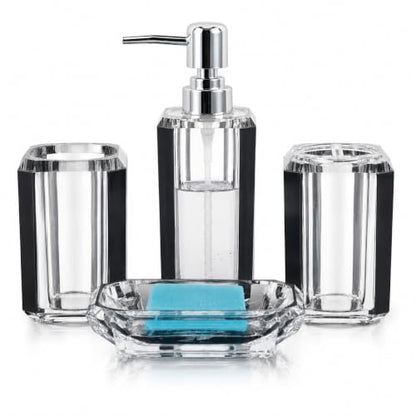 LGURT 4pc Crystal Acrylic Bathroom Set, Brushed Black Soap Dispenser | Soap dish, rinse cup & holder, with brushed black accent. For apartment, guest bath, or vanity countertop. - color: Black