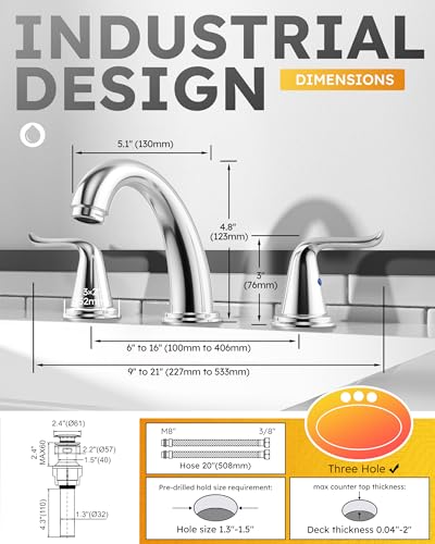 WOWOW 3 Hole Widespread Bathroom Faucet Chrome Bathroom Sink Faucets 2 Handle Bath Faucet 8 inch Vanity Faucet with Pop Up Drain Stopper Assembly Brass Mixer Taps for Bathroom Basin - color: Chrome