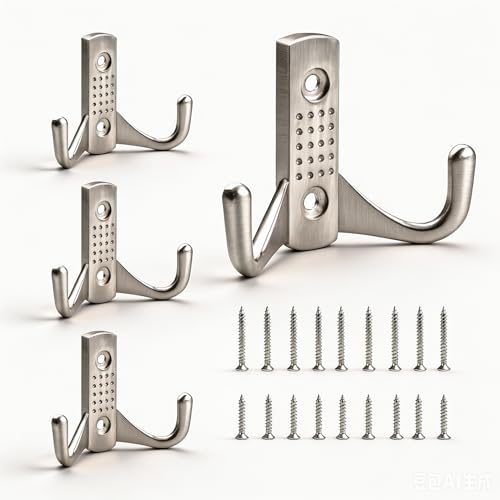 Bathroom Robe Hooks, 4 Pack Heavy Duty Wall Mounted Coat Hooks, Rustproof Metal Towel Hooks for Bathroom, Bedroom, Entryway, Double Prong Wall Hooks with Screws