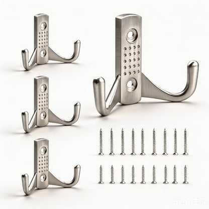 Bathroom Robe Hooks, 4 Pack Heavy Duty Wall Mounted Coat Hooks, Rustproof Metal Towel Hooks for Bathroom, Bedroom, Entryway, Double Prong Wall Hooks with Screws