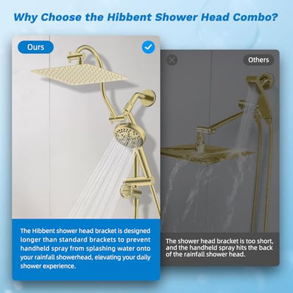 Hibbent High Pressue All Metal 10" Rainfall Shower Head, Handheld 10-Spray | cUPC Certified Brushed Gold Dual Showerhead Combo, 4-way Diverter with Pause Mode, Brass Extension Arm, 71'' Hose & Holder - color: Burshed Gold, style: Square 10"