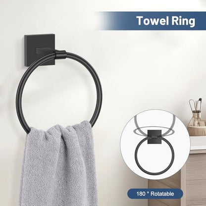 TURS 5-Pieces Matte Black Bathroom Hardware Set 23.6 Inch SUS304 Stainless Steel Towel Bar Set Wall Mounted Bathroom Accessories Set - color: Matte Black, size: 5-Pieces Set-B