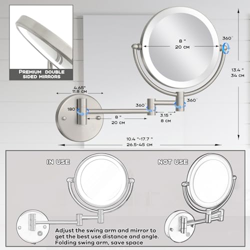 8 Inch Rechargeable Brass Lighted Magnifying Mirror Wall Mounted, 1X/5X Double-Sided Bathroom Personal Makeup Mirror with Light, Brushed Nickel | 8-Inch, 1X/5X Magnification, 2-Sided, Bathroom Personal Makeup Vanity, Brass Extended Arm, 360 Rotation, 3 Co