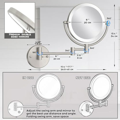 8 Inch Rechargeable Brass Lighted Magnifying Mirror Wall Mounted, 1X/5X Double-Sided Bathroom Personal Makeup Mirror with Light, Brushed Nickel | 8-Inch, 1X/5X Magnification, 2-Sided, Bathroom Personal Makeup Vanity, Brass Extended Arm, 360 Rotation, 3 Co