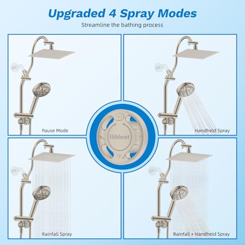 Hibbent High Pressue All Metal 8" Rainfall Shower Head, Handheld 10-Spray | cUPC Certified Brushed Nickel Dual Showerhead Combo, 4-way Diverter with Pause Mode, Brass Extension Arm, 71'' Hose & Holder - color: Brushed Nickel, style: Square 8"