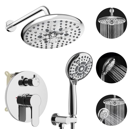EMBATHER 10'' Shower System with Handheld & Trim Kit, Polished Chrome | 2-IN-1 Shower Faucet Set, 3-Mode Shower Head, 8-Setting Handheld Spray, Pressure-balanced Valve & Trim Kit - color: Polished Chrome, size: 10 Inch