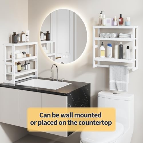Bathroom Shelves with Hanging Bar Over Toilet Storage - Adjustable Wall Organizer (White) - color: White