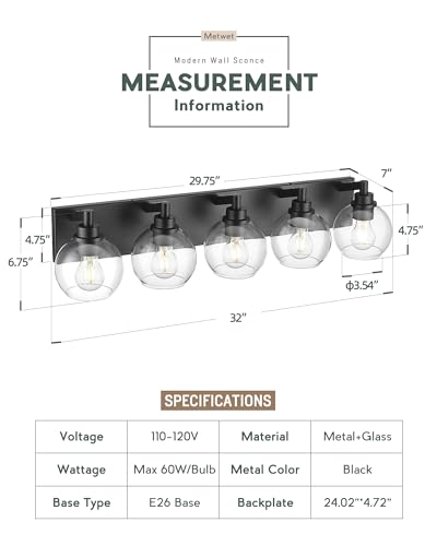 5-Light Matte Black Bathroom Vanity Light, Clear Glass Globe Shade | 32" modern bathroom light fixtures over mirror, E26 base, bulbs not included, VL195-MB-CL-5 - color: Black, Clear Glass, size: 5-light