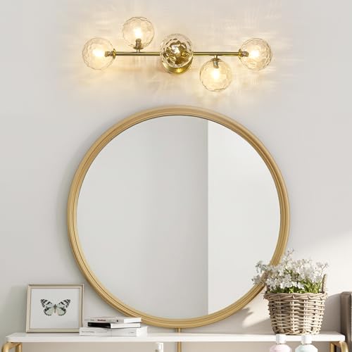 5 Lights Bathroom Vanity Light,Brushed Gold Globe Bathroom Light Fixtures | Hammered Clear Glass Wall Sconce Lighting,Mid Century Modern Brass Bubble Glass Bathroom Vanity Lights over Mirror,G9 Base - color: Gold Hammered Glass, size: G9 Base