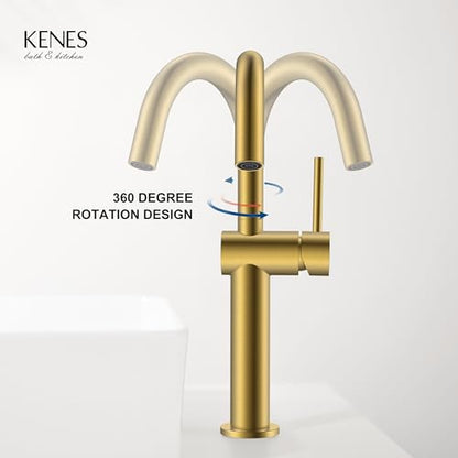 Brushed Gold Tall Bathroom Faucet, Single Handle Vessel Sink Faucet | Vessel Bowl Faucet with Pop Up Drain & Supply Lines, Lead-Free cUPC & NSF Certified, 1 Hole Faucet for Vanity RV Restroom - color: Brushed Gold, size: Tall