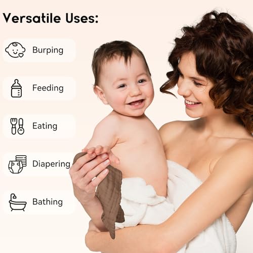 Unnivoll Muslin Burp Cloths Baby 12''X12'', Baby Washcloths 6 Pack, 100% Cotton Baby Wash Cloths Absorbent and Soft for Newborn Infants Kids Boys Girls - Gradient Brown - color: Gradient Brown