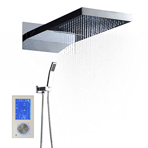 Cascada Luxury 22" Rectangular Wall Mounted Thermostatic LED Shower System With LCD Touch Screen, 3-Mode Functions (Rainfall, Waterfall and Handheld) (LED, Oil Rubbed Bronze)