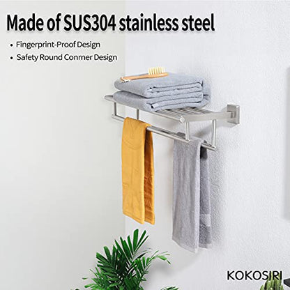 KOKOSIRI 24 Inch Towel Shelf with Double Towel Bars Bathroom Towel Rack Towel Holder Wall Mounted SUS 304 Stainless Steel, Brushed Nickel, B6005BR-L24 - color: Brushed Steel, size: 24 Inch