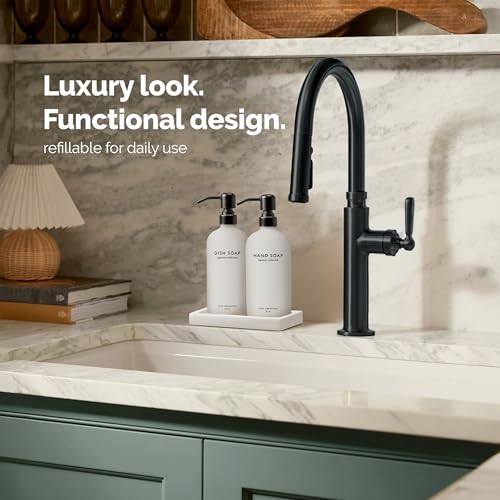 Vine Creations Glass Soap Dispenser Set, Kitchen Soap Dispenser Set with Ceramic Tray, 16 oz Dish Soap and Hand Soap Dispenser Set with Stainless Steel Pump Decor (White Bottle/Matte Black) - color: White Bottle / Matte Black Pump