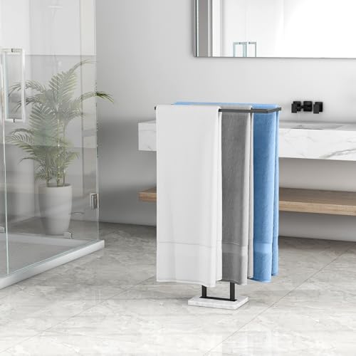 40” Standing Towel Rack, 3 Tier Towel Stand with Marble Base, Black | Stainless Steel Freestanding Towel Racks for Bathroom, Towel Holder Stand for Hanging Multiple Sizes Towels