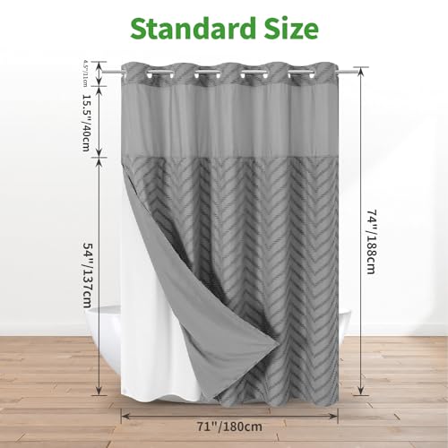 eachope No Hook Tufted Chevron Striped Shower Curtain with Snap-in Fabric Liner set-71Wx74H(72H),Grey Hotel Grade Boho Style Shower Curtain with See Through Top Window,Water Repellent - color: Grey, size: 71"W x 74"L (Pack of 1)
