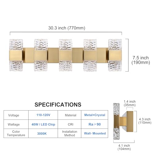 MELUCEE 5 Lights Brass Crystal Vanity Light Bar LED Bathroom Lights 30.3 in | 40W LED Modern Vanity Lighting Fixtures Wall Mount for Bath Restroom Powder Room, 3000K Warm Lighting - color: Brass, size: 5 Lights