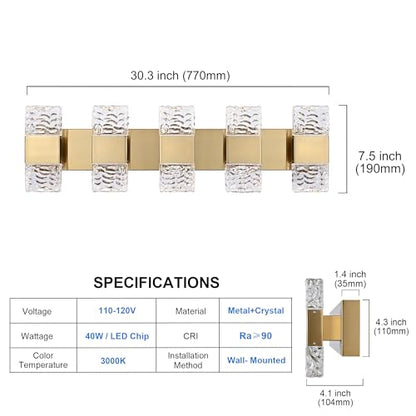 MELUCEE 5 Lights Brass Crystal Vanity Light Bar LED Bathroom Lights 30.3 in | 40W LED Modern Vanity Lighting Fixtures Wall Mount for Bath Restroom Powder Room, 3000K Warm Lighting - color: Brass, size: 5 Lights