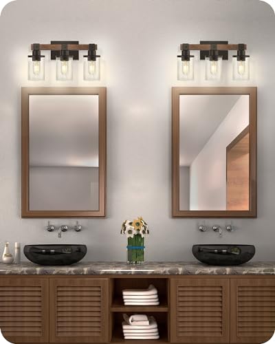 3-Light Bathroom Light Fixture, Farmhouse Vanity Lights for Bathroom with Glass Shade, Rustic Bathroom Light Fixtures, E26 Base F08BD05 - size: 3-Light