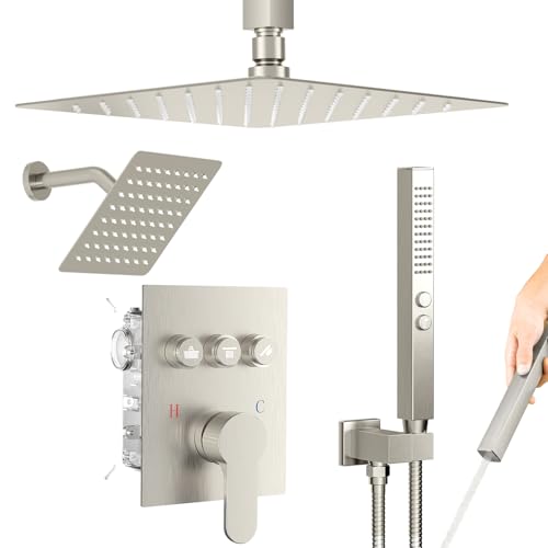 Shower Faucet Set Shower System Brushed Nickel, Push Button Diverter | 12 Inch Ceiling Mount Shower Head, 6 Inch Wall Mount Head, 2-in-1 Handheld Sprayer, Solid Brass Valve, Can Run All Together - color: Brushed Nickel, size: 8+12 inch-10