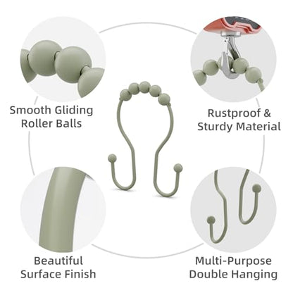 Bathway Sage Green Shower Curtain Hooks Shower Curtain Rings Rust Proof Sturdy Metal Double Shower Curtain Hooks, Shower Hooks for Shower Curtain Bathroom Shower Rod Hooks Hangers - color: Sage Green