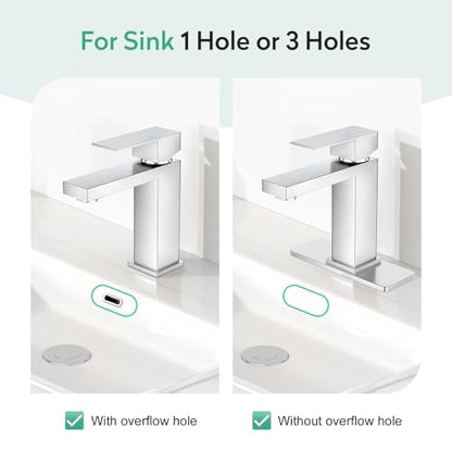 Faustina Polished Chrome Bathroom Faucet, Single Handle Stainless Steel Bathroom Vanity Faucet with Metal Pop-Up Drain and Deck Plate for 1 or 3 Hole - color: Chrome, style: Classic