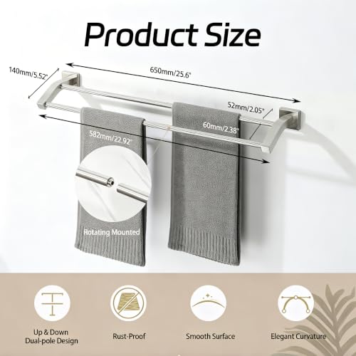 Alise Double Towel Bar, 24" Towel Rack for Bathroom Wall, Brushed Nickel | SUS304 Stainless Steel Bathroom Towel Holder, Quick Drying Towel Hanger Towel Rod, Useable Length 22.9" - color: Brushed Nickel, size: 24-Inch(Joining Process)